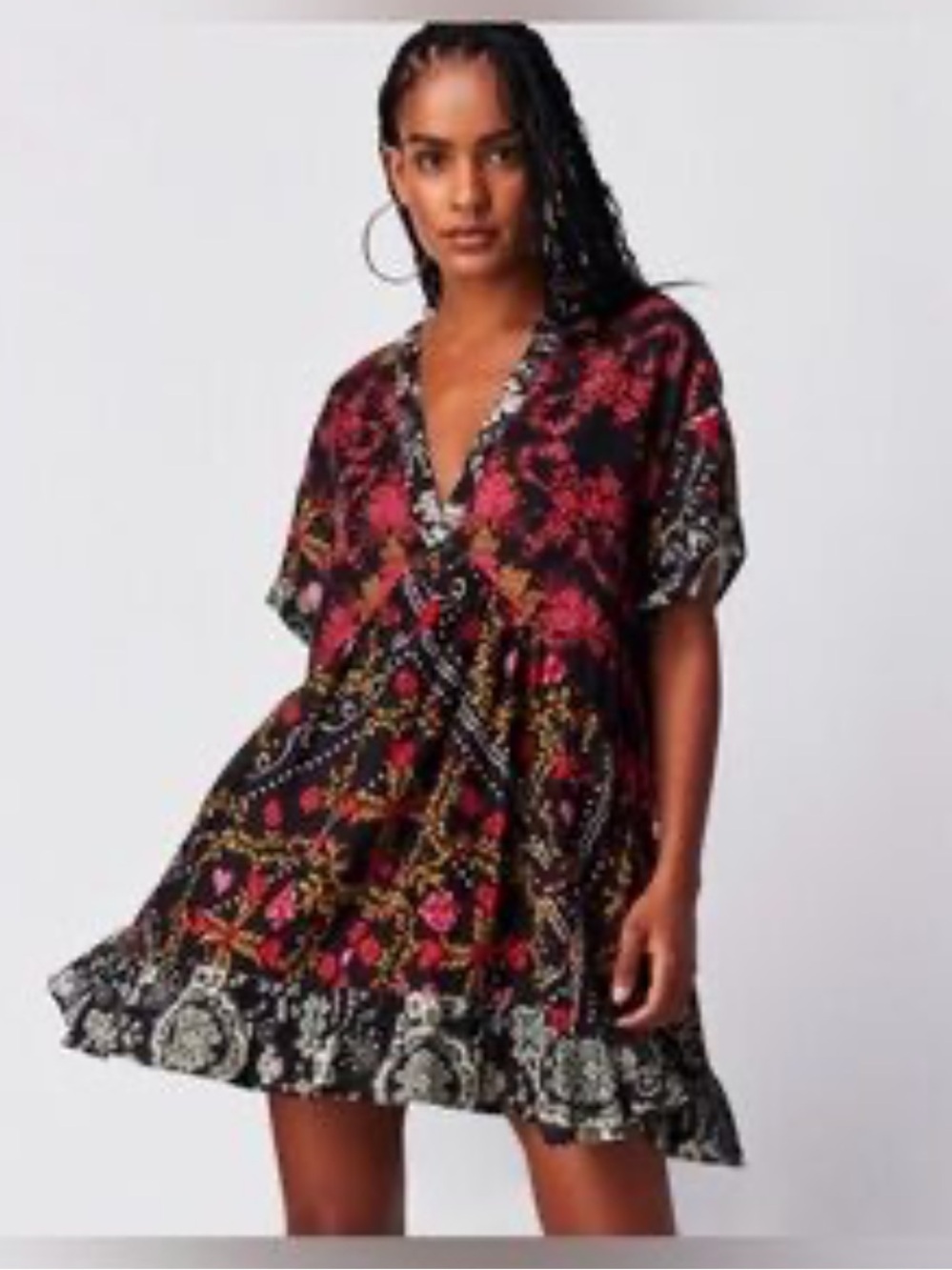 Free People Agnes Floral heart tiered ruffle hem cotton V-Neck L Mini Dress